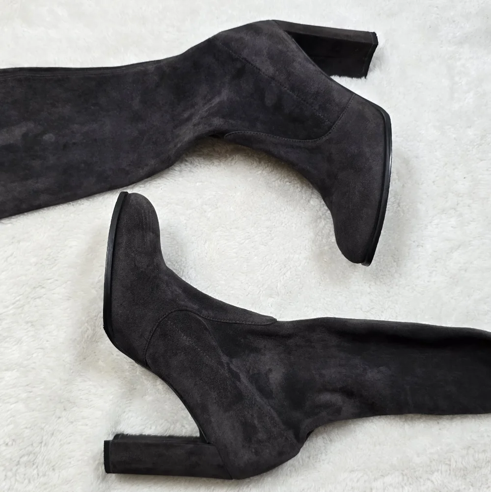 Stuart Weitzman Highland Gray Suede Over-The-Knee OTK Block Heel Boots 8.5
